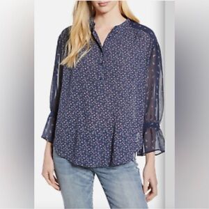 Lucky Brand Mixed Media Navy Top Blouse Medium